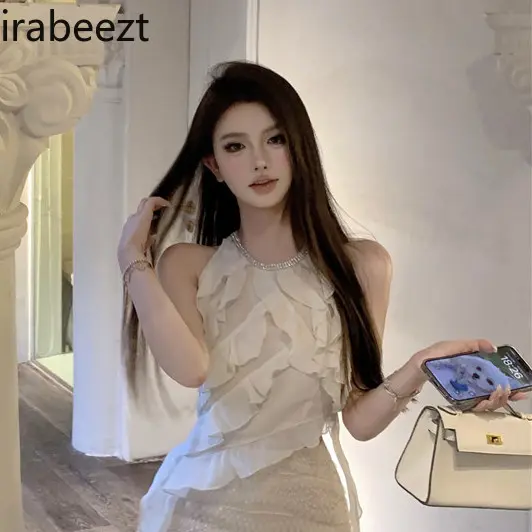 Hot Girl Female 2025 Summer New Fashion Design Lace Irregular Top Sequin Skirt and Sleeveless Vest Summer Women 2 Pieces Set