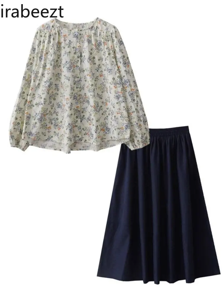 New French Gentle Floral Loose Shirt + Slouchy Long Skirt Two Pieces of Sets Women Conjunto Xadrez Feminino Saia E Cropped