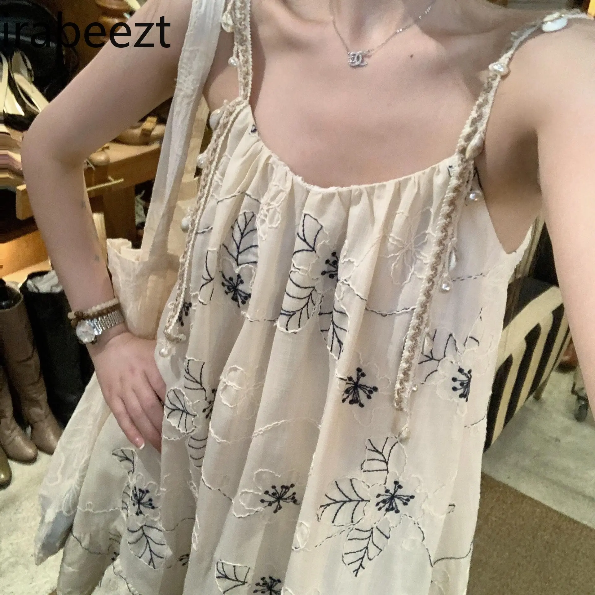 French Sweet Seaside Holiday Style Super Fairy Floral Sleeveless Robe Summer New Loose Slimming Suspender Dress