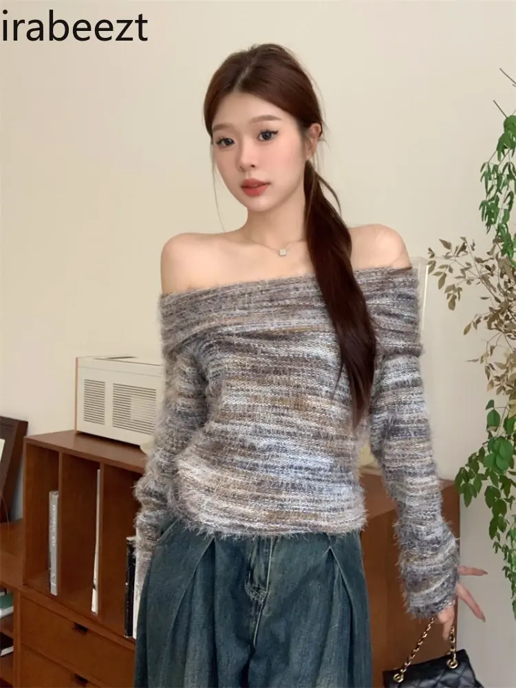 Autumn and Winter Vintage Line Collar Pure Off-the-shoulder Long Sleeve Knitwear Slim Chic Striped Top Woman Sweater Women