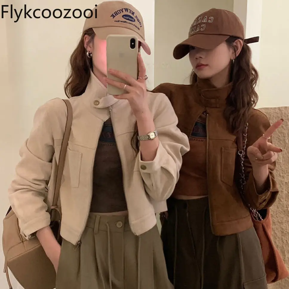 Vintage Design Sense Deerskin Velvet Temperament Slim Standing Collar Short Coat Women Clothing Bomber Jacket Women