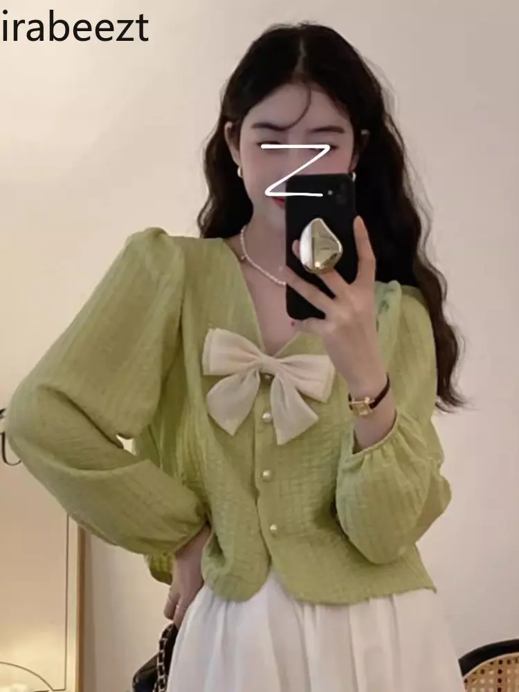 Pink V-neck Bow Puff Sleeve Shirt for Women with Niche Design in Fall French Sweet and Chic Short Top Camisa Blouse Women