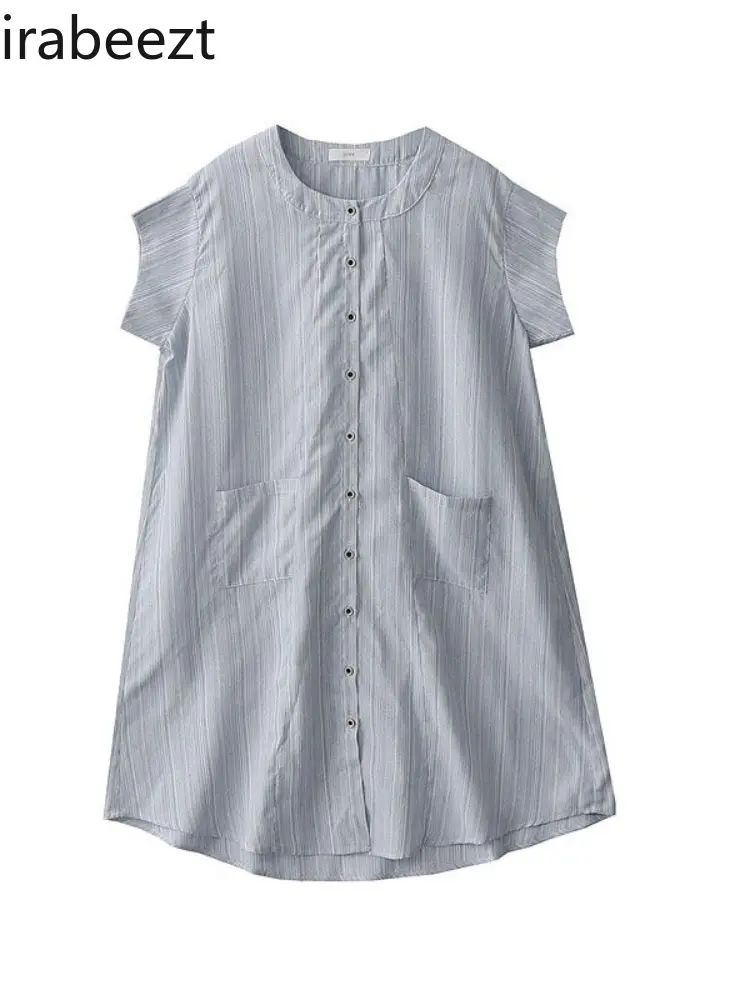 Summer New Japanese Retro Loose Slouchy Style Double Pocket Striped Single Breasted Long Shirt Dress Woman Vestido Emo