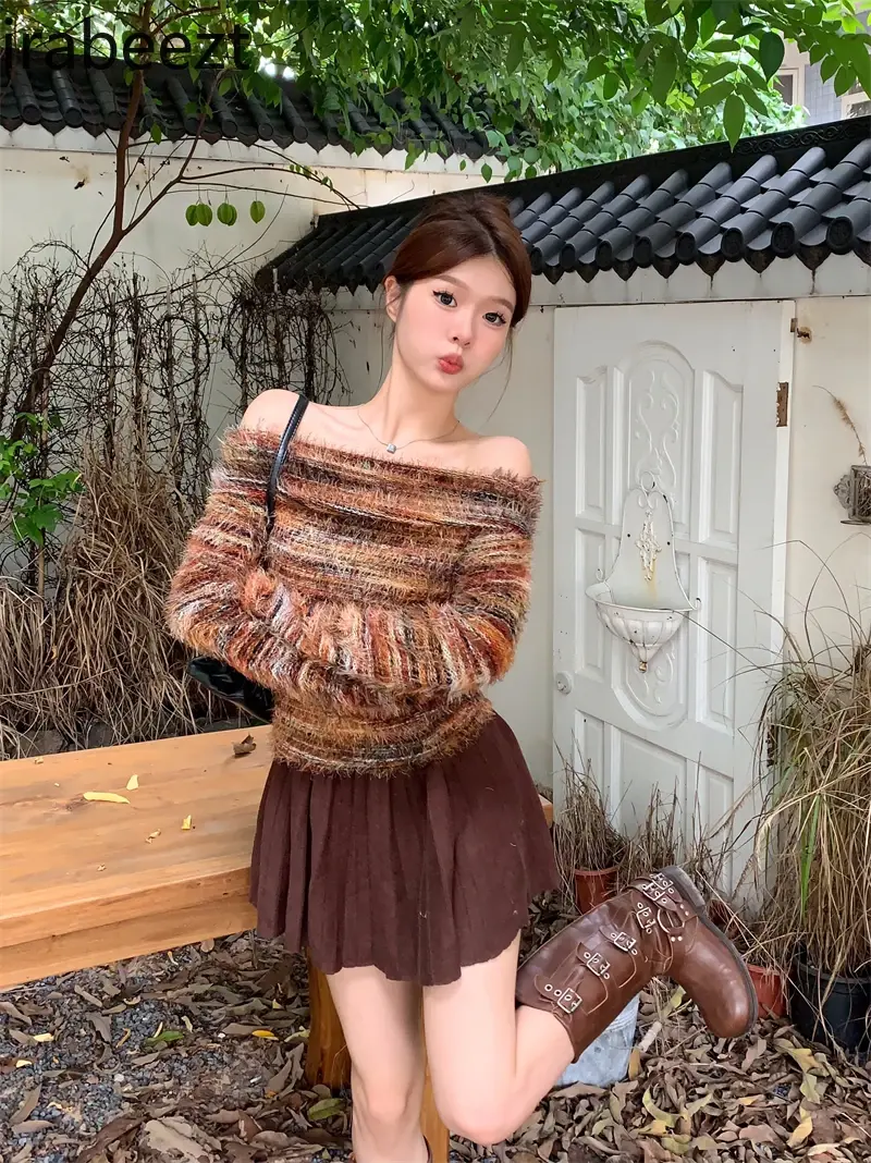 Autumn and Winter Vintage Line Collar Pure Off-the-shoulder Long Sleeve Knitwear Slim Chic Striped Top Woman Sweater Women