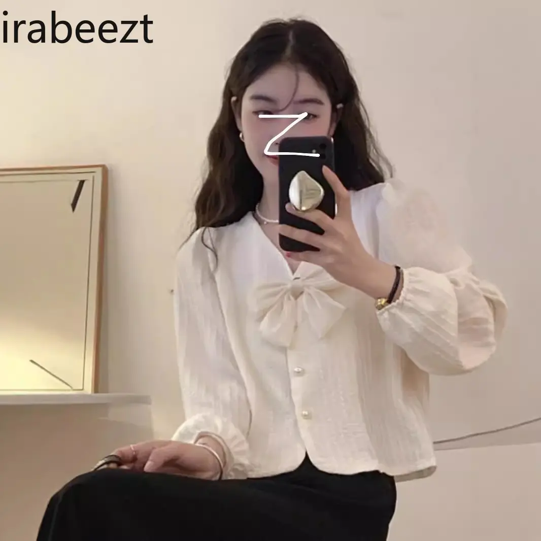 Pink V-neck Bow Puff Sleeve Shirt for Women with Niche Design in Fall French Sweet and Chic Short Top Camisa Blouse Women