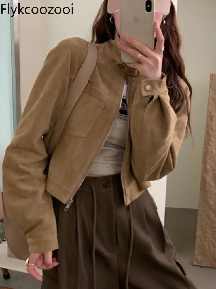 Vintage Design Sense Deerskin Velvet Temperament Slim Standing Collar Short Coat Women Clothing Bomber Jacket Women