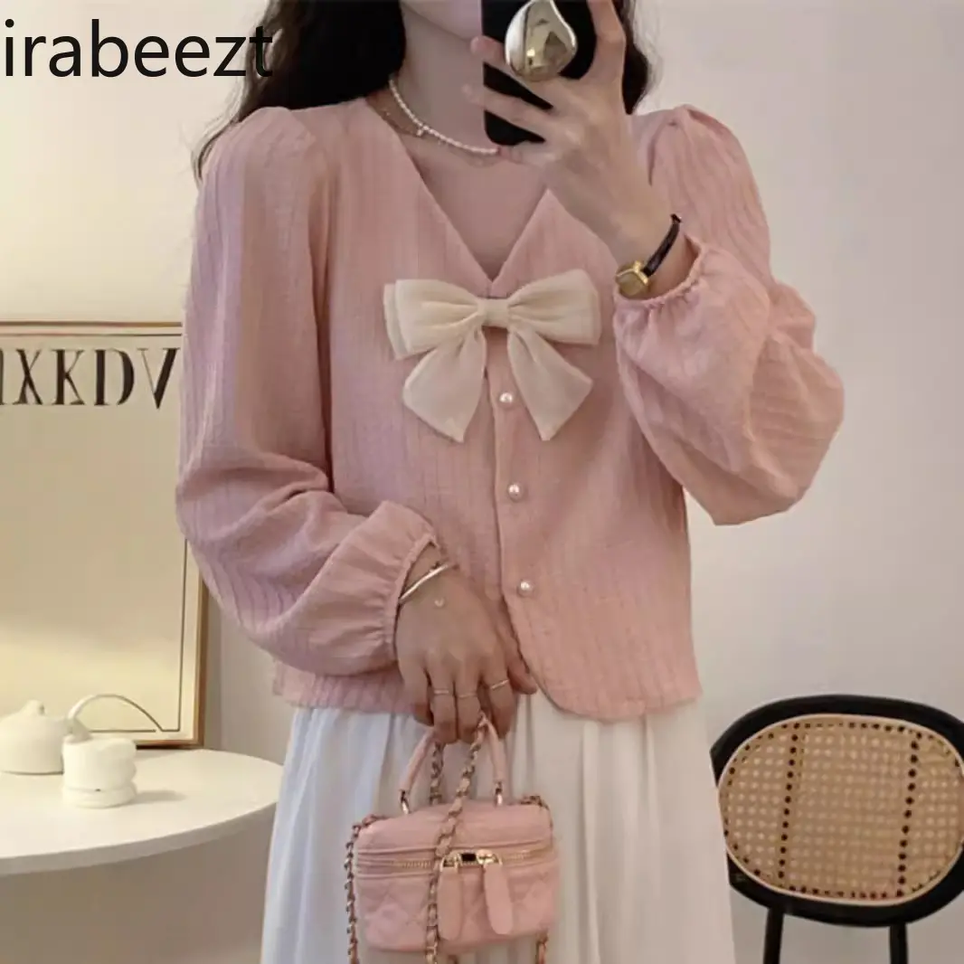 Pink V-neck Bow Puff Sleeve Shirt for Women with Niche Design in Fall French Sweet and Chic Short Top Camisa Blouse Women