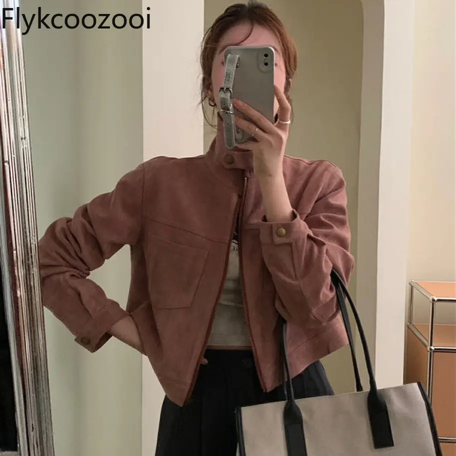 Vintage Design Sense Deerskin Velvet Temperament Slim Standing Collar Short Coat Women Clothing Bomber Jacket Women
