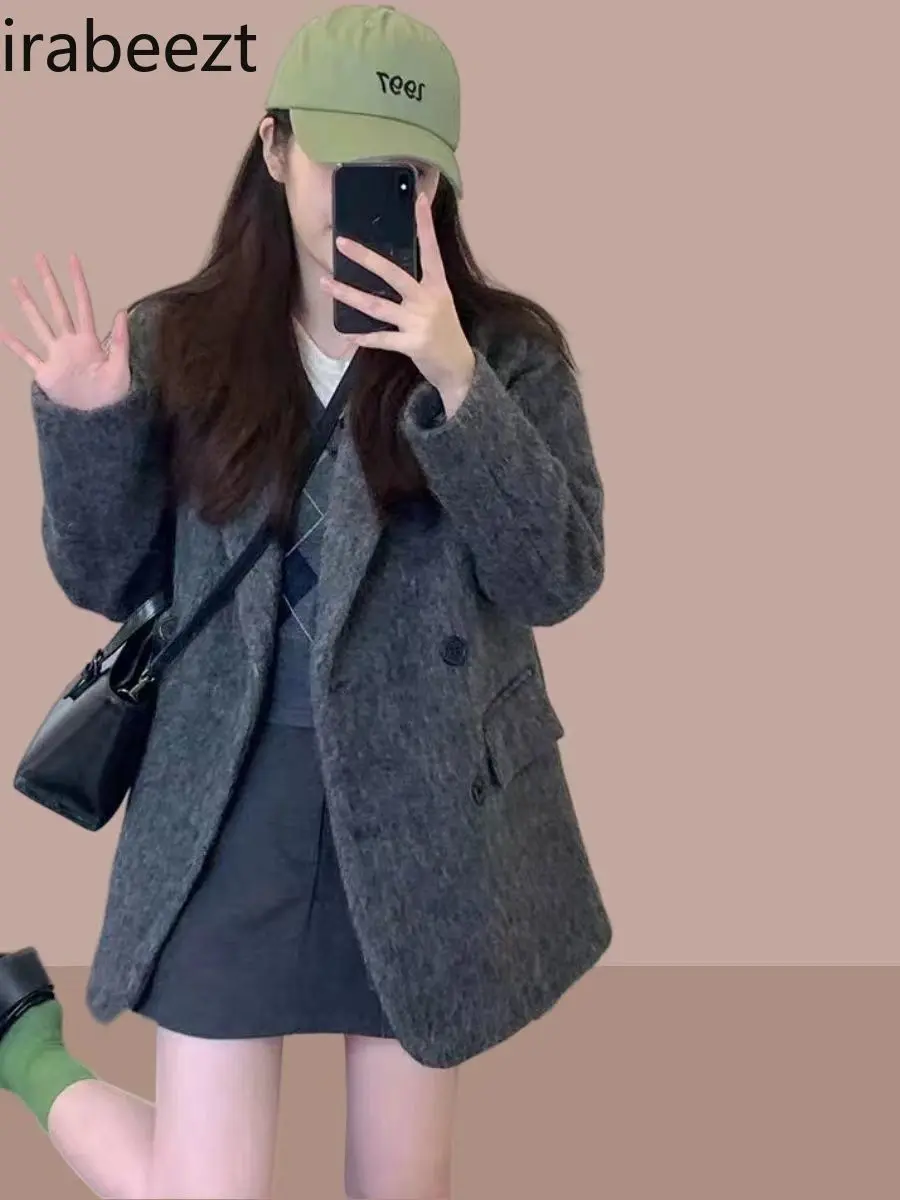 Popular New Fashion Temperament Senior Grey Woolen Coat Women Autumn Winter Suit Loose Strait Bleizer Femenino Elegante