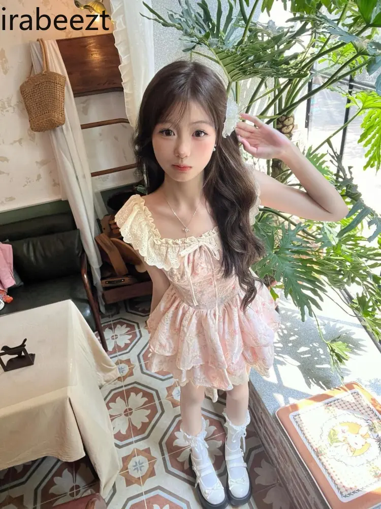 Sweet French New Style Sleeveless Dress for Female Students Summer Gentle Floral Waist Slimming Puffy A-line Skirt