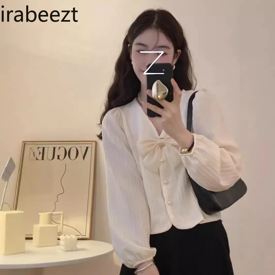 Pink V-neck Bow Puff Sleeve Shirt for Women with Niche Design in Fall French Sweet and Chic Short Top Camisa Blouse Women