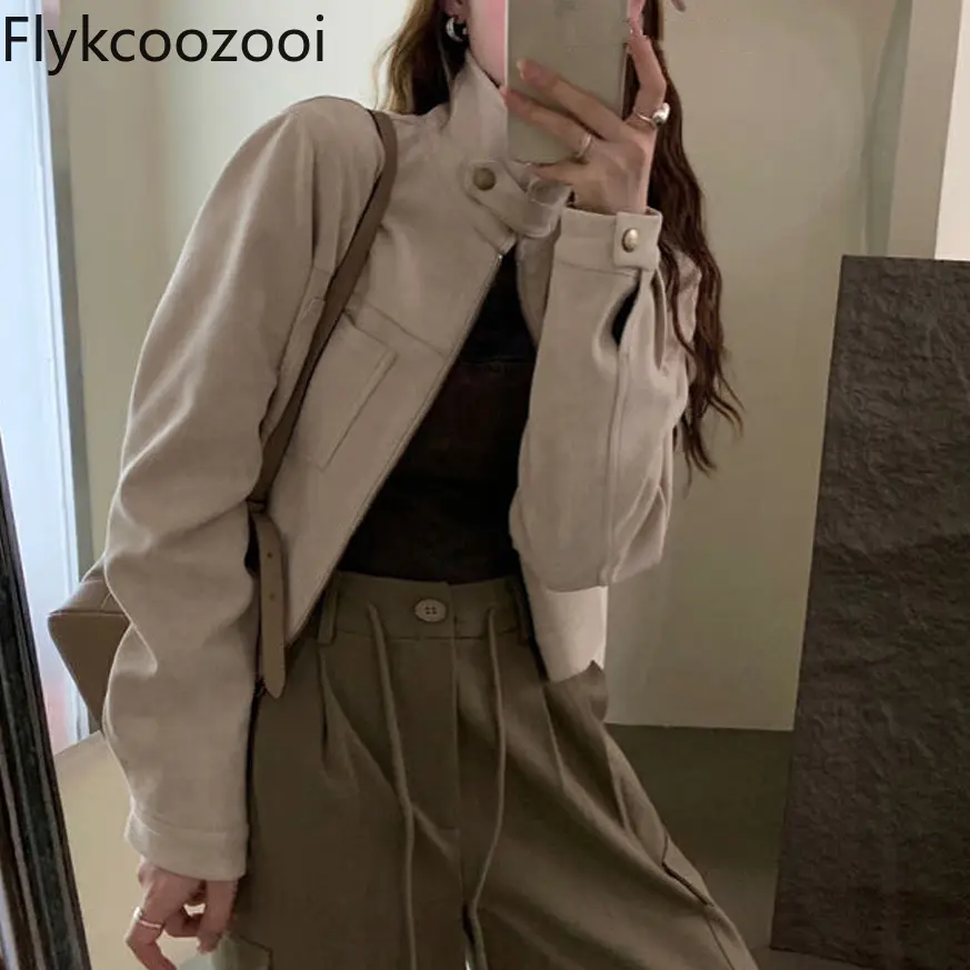 Vintage Design Sense Deerskin Velvet Temperament Slim Standing Collar Short Coat Women Clothing Bomber Jacket Women