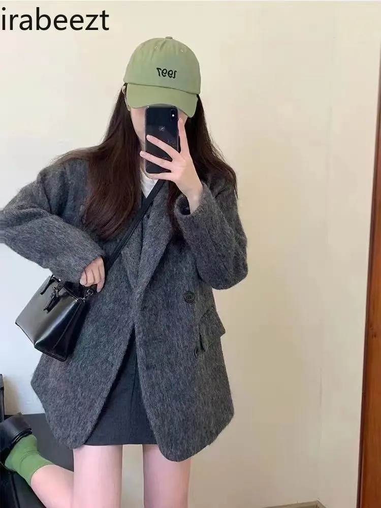 Popular New Fashion Temperament Senior Grey Woolen Coat Women Autumn Winter Suit Loose Strait Bleizer Femenino Elegante