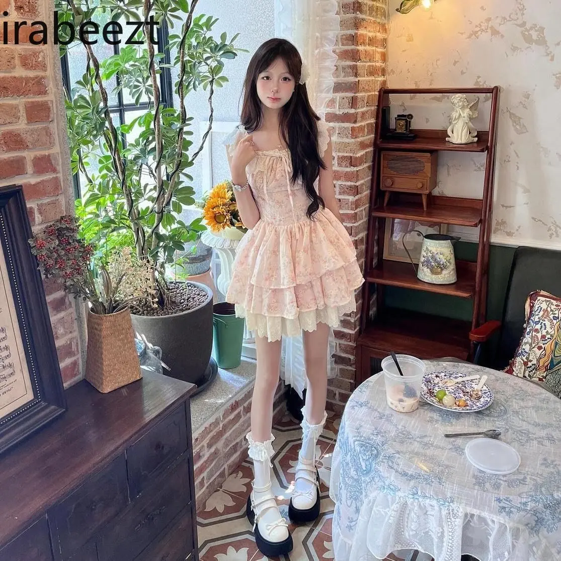 Sweet French New Style Sleeveless Dress for Female Students Summer Gentle Floral Waist Slimming Puffy A-line Skirt