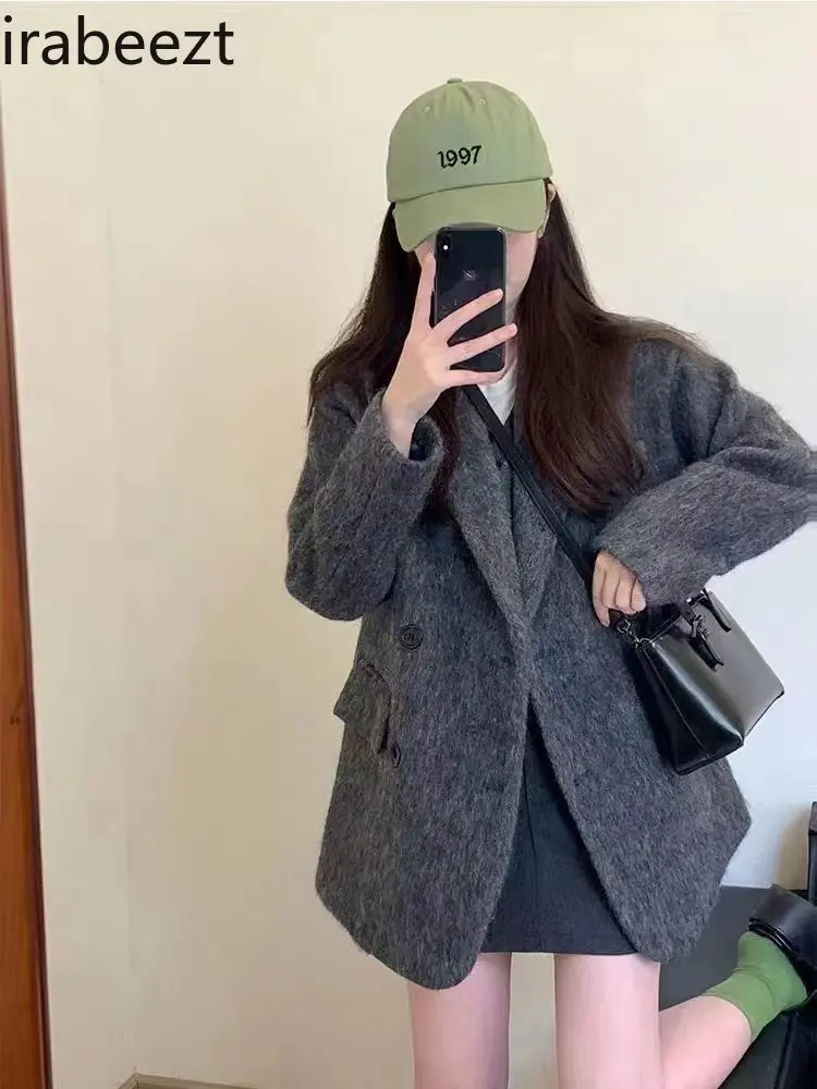 Popular New Fashion Temperament Senior Grey Woolen Coat Women Autumn Winter Suit Loose Strait Bleizer Femenino Elegante