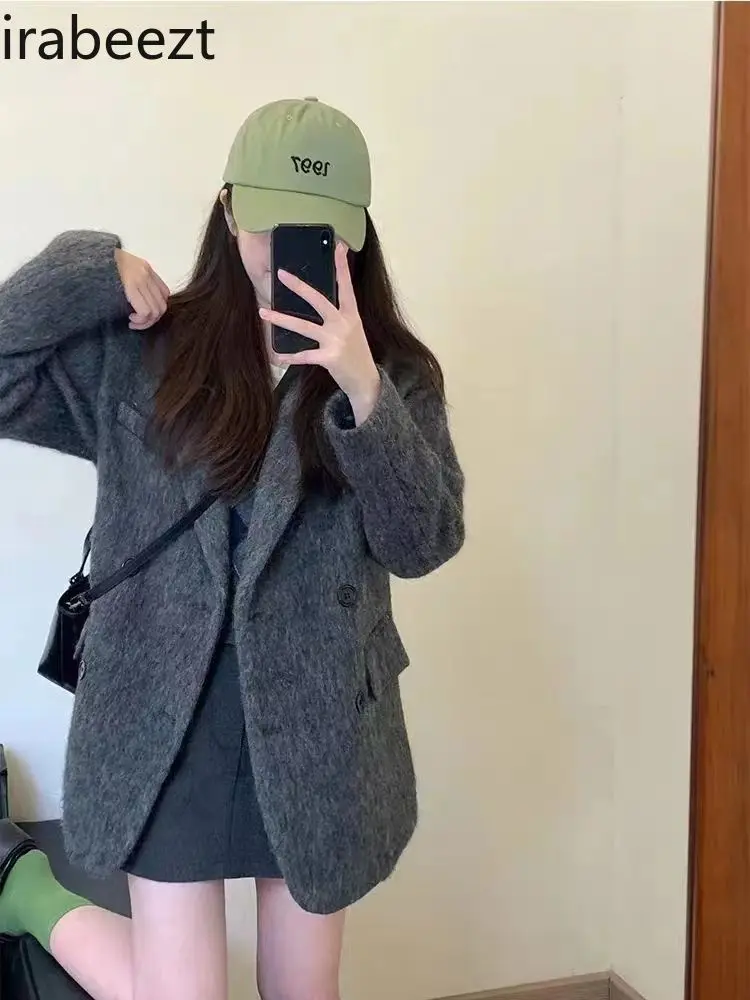 Popular New Fashion Temperament Senior Grey Woolen Coat Women Autumn Winter Suit Loose Strait Bleizer Femenino Elegante