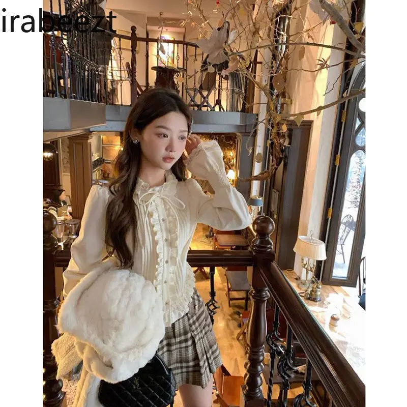 French Sweet Age Reduction Courtly Style Shirt Lace Ruffled Thin Blouse Autumn Regulai Fit  Casual Blusas Mujer