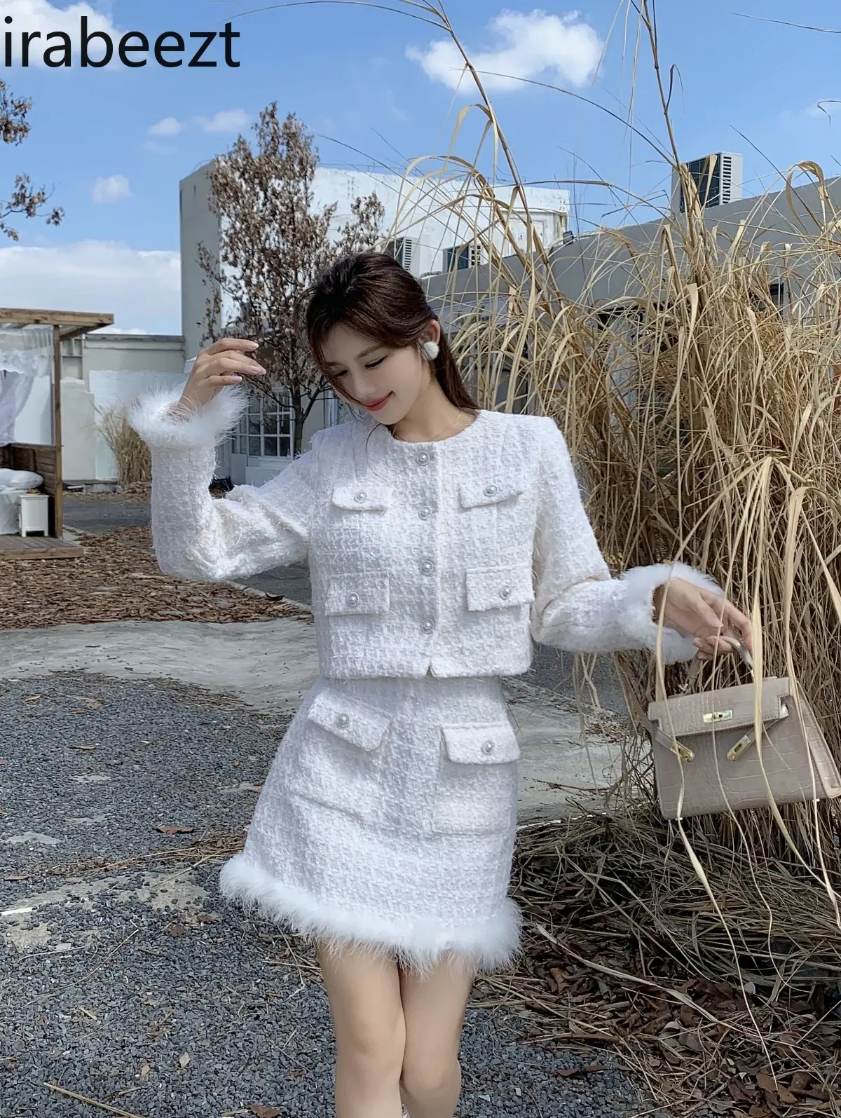 Fashion Hot Sale Patchwork Fur Coat + Woolen Skirt Suit Autumn and Winter Women's Roupas Femininas Conjuntos 2 Pieces Set