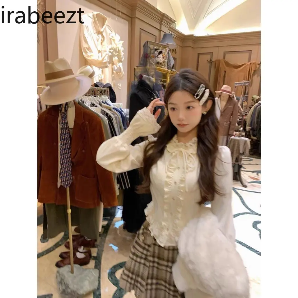 French Sweet Age Reduction Courtly Style Shirt Lace Ruffled Thin Blouse Autumn Regulai Fit  Casual Blusas Mujer