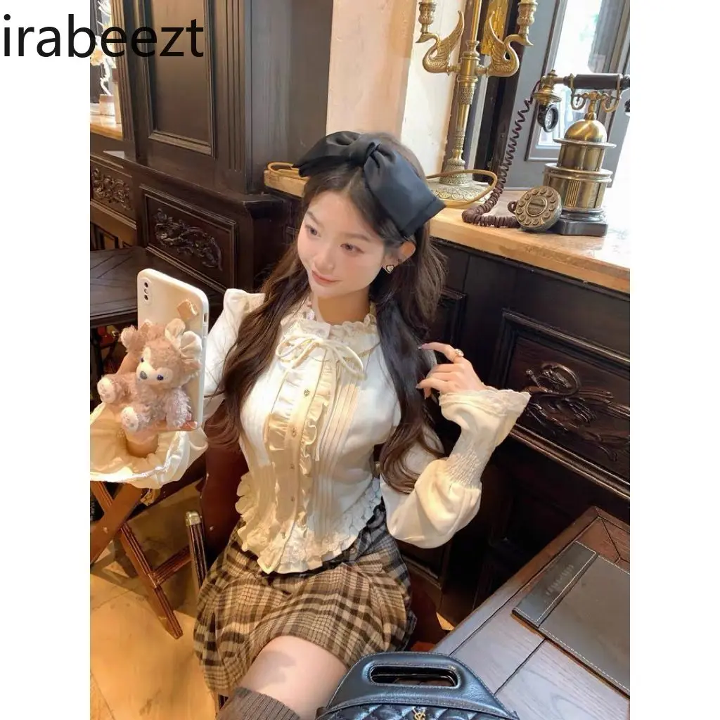 French Sweet Age Reduction Courtly Style Shirt Lace Ruffled Thin Blouse Autumn Regulai Fit  Casual Blusas Mujer