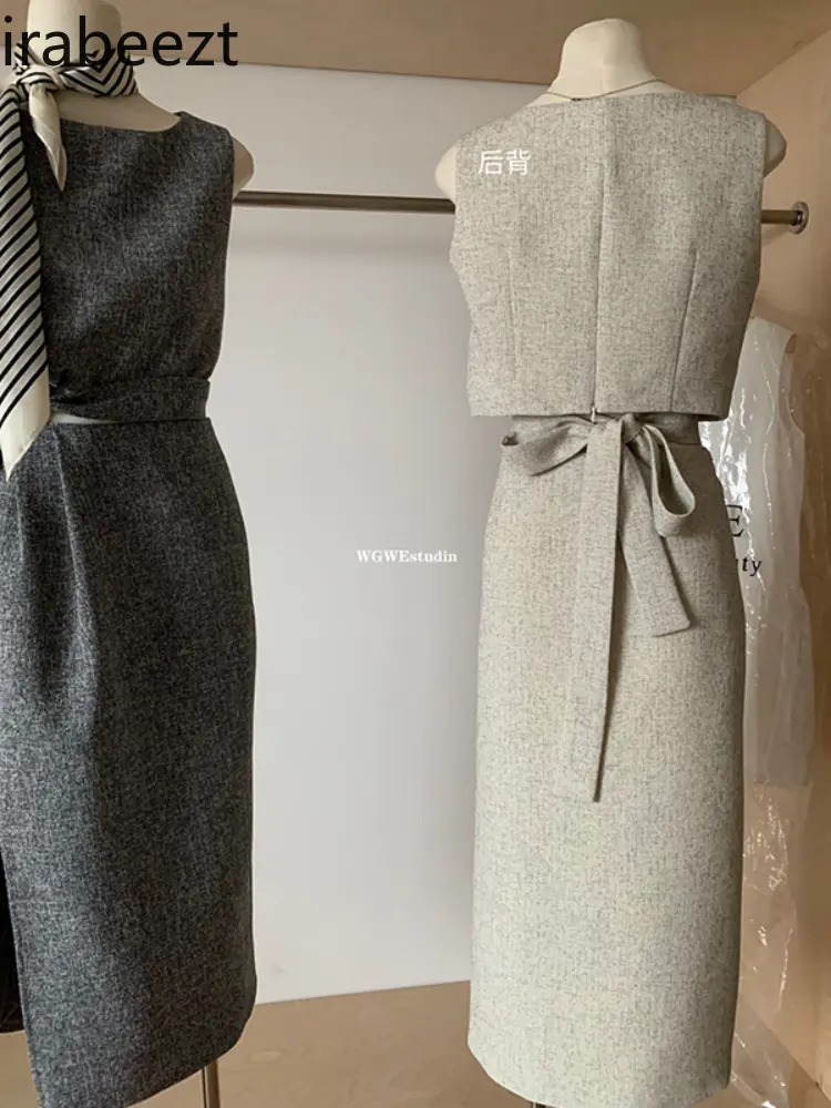 French Vintage Rice Hemp Grey Sleeveless Top + Waist Pleated Hip Half Skirt Conjunto Feminino  Mainland China Skirt Suits