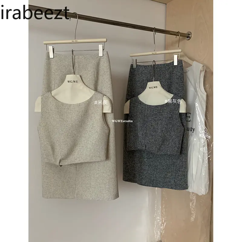 French Vintage Rice Hemp Grey Sleeveless Top + Waist Pleated Hip Half Skirt Conjunto Feminino  Mainland China Skirt Suits