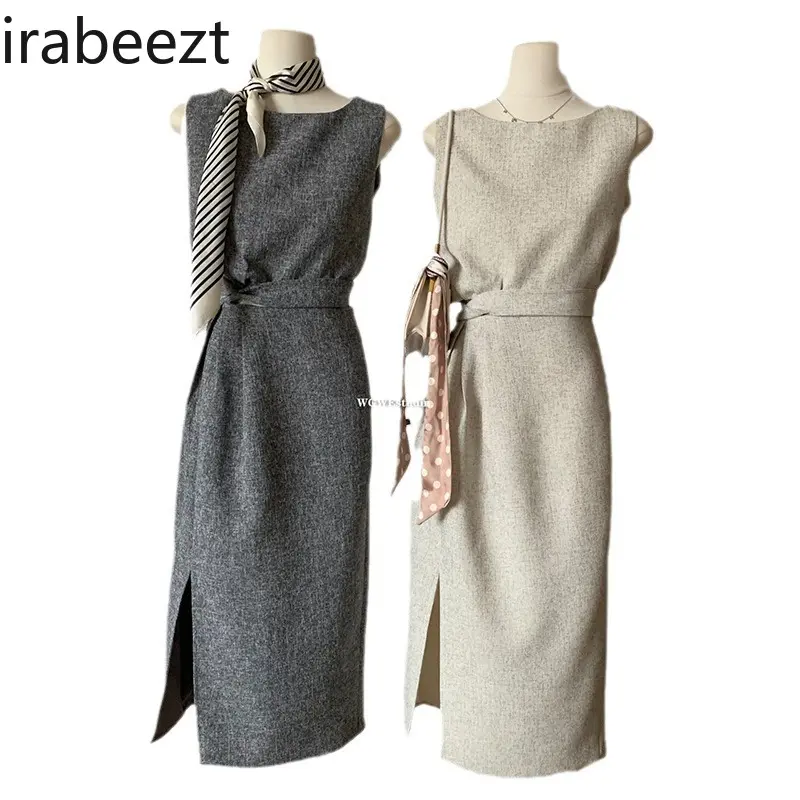 French Vintage Rice Hemp Grey Sleeveless Top + Waist Pleated Hip Half Skirt Conjunto Feminino  Mainland China Skirt Suits