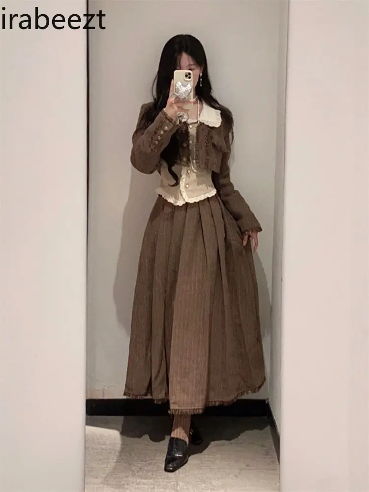 Winter New Sweet Cool Age Reduction Vintage Preppy Coat Shirt Top Pleated Skirt Three-piece Set for Women