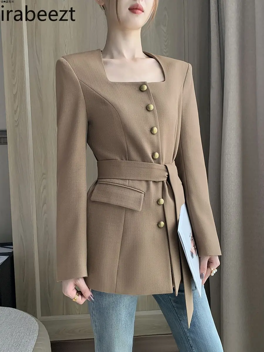 Suit Jacket for Women 2024 Autumn New High-grade Temperament Waist Square Collar Jaqueta Feminina Blaizer Feminino De Luxo