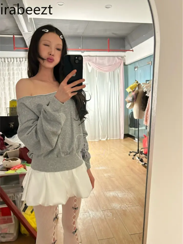 Streetwear Gray Off-Shoulder Short Thin Sweatshirt Women's Summer Waist Slimming Niche Top LOOSE FIT Oversized Hoodie