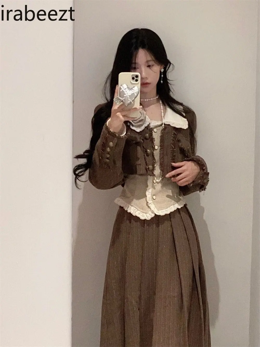 Winter New Sweet Cool Age Reduction Vintage Preppy Coat Shirt Top Pleated Skirt Three-piece Set for Women