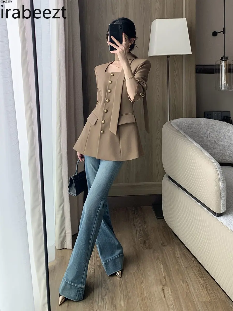 Suit Jacket for Women 2024 Autumn New High-grade Temperament Waist Square Collar Jaqueta Feminina Blaizer Feminino De Luxo