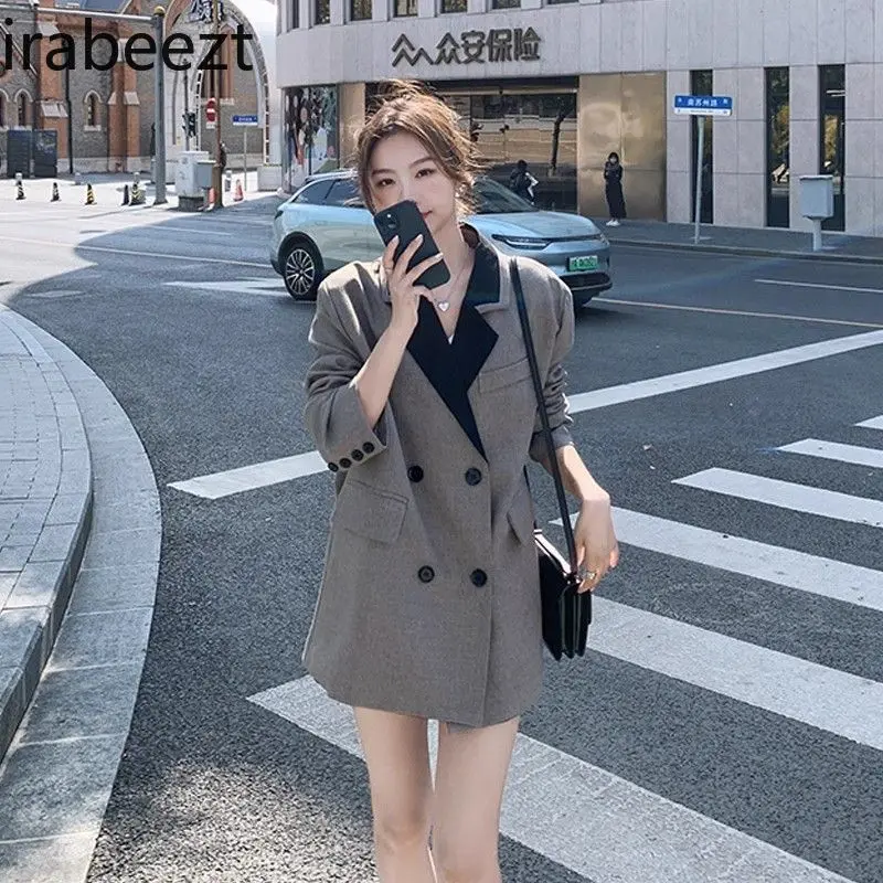 Korean Version of Loose Patchwork Design Sense Suit Jacket Commuter Show Lean Long Casual Coat Autumn 2024 Jaqueta Feminina