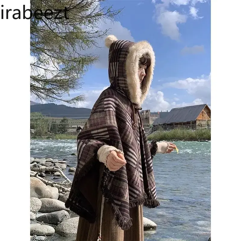 Japanese Soft Sweet Little Fresh Patchwork Brown Fringe Hooded Cape 2024 Fall/winter Short Coat Shawl Winter Jacket Women