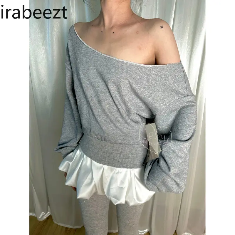 Streetwear Gray Off-Shoulder Short Thin Sweatshirt Women's Summer Waist Slimming Niche Top LOOSE FIT Oversized Hoodie