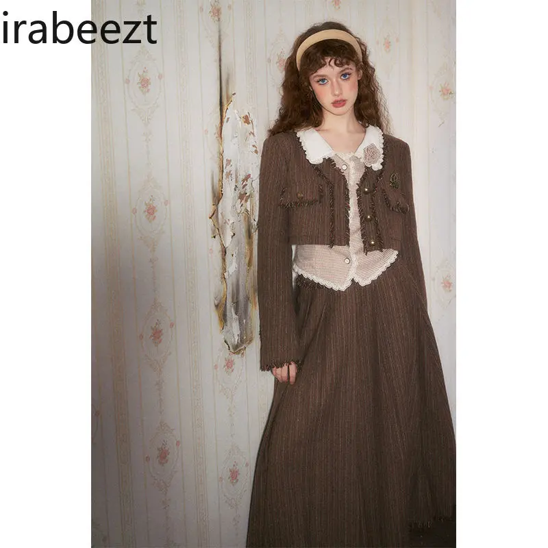 Winter New Sweet Cool Age Reduction Vintage Preppy Coat Shirt Top Pleated Skirt Three-piece Set for Women