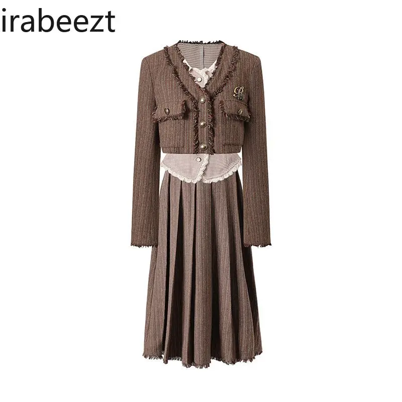 Winter New Sweet Cool Age Reduction Vintage Preppy Coat Shirt Top Pleated Skirt Three-piece Set for Women
