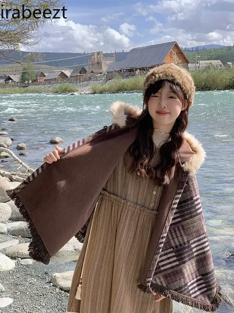Japanese Soft Sweet Little Fresh Patchwork Brown Fringe Hooded Cape 2024 Fall/winter Short Coat Shawl Winter Jacket Women