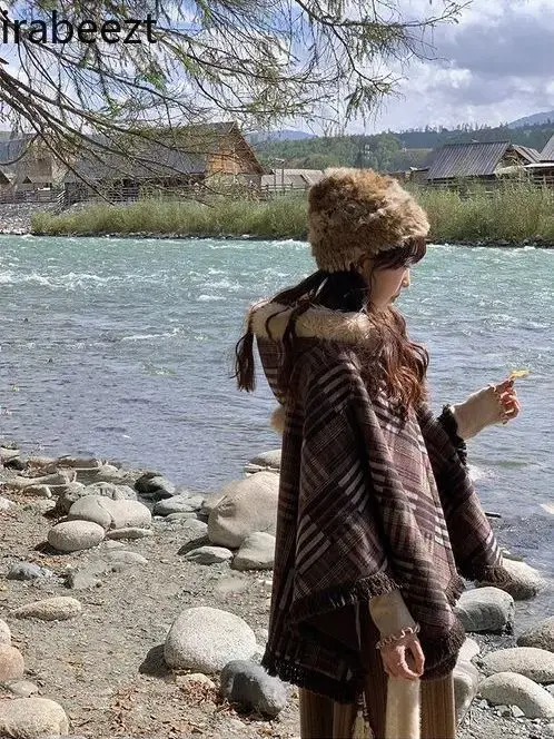 Japanese Soft Sweet Little Fresh Patchwork Brown Fringe Hooded Cape 2024 Fall/winter Short Coat Shawl Winter Jacket Women