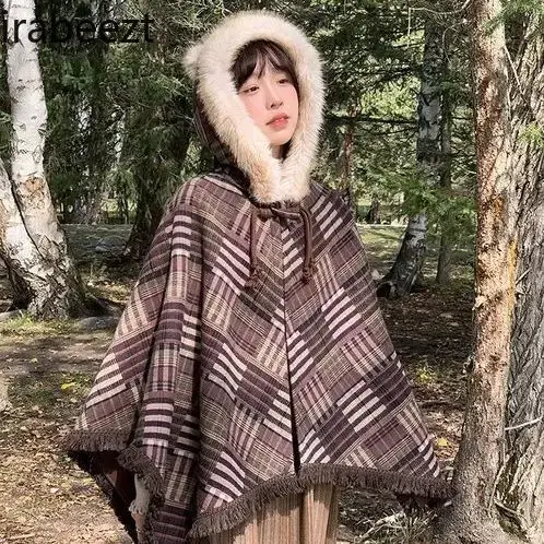 Japanese Soft Sweet Little Fresh Patchwork Brown Fringe Hooded Cape 2024 Fall/winter Short Coat Shawl Winter Jacket Women