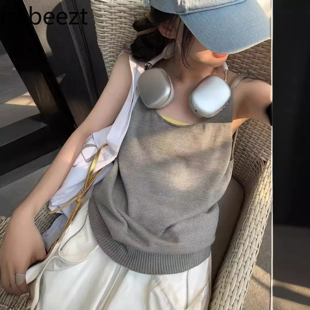 New Design American Hottie Backless Sleeveless Knitted Vest Thin Sweet Cool Loose Fit Sexy Suspender Summer Crop Top
