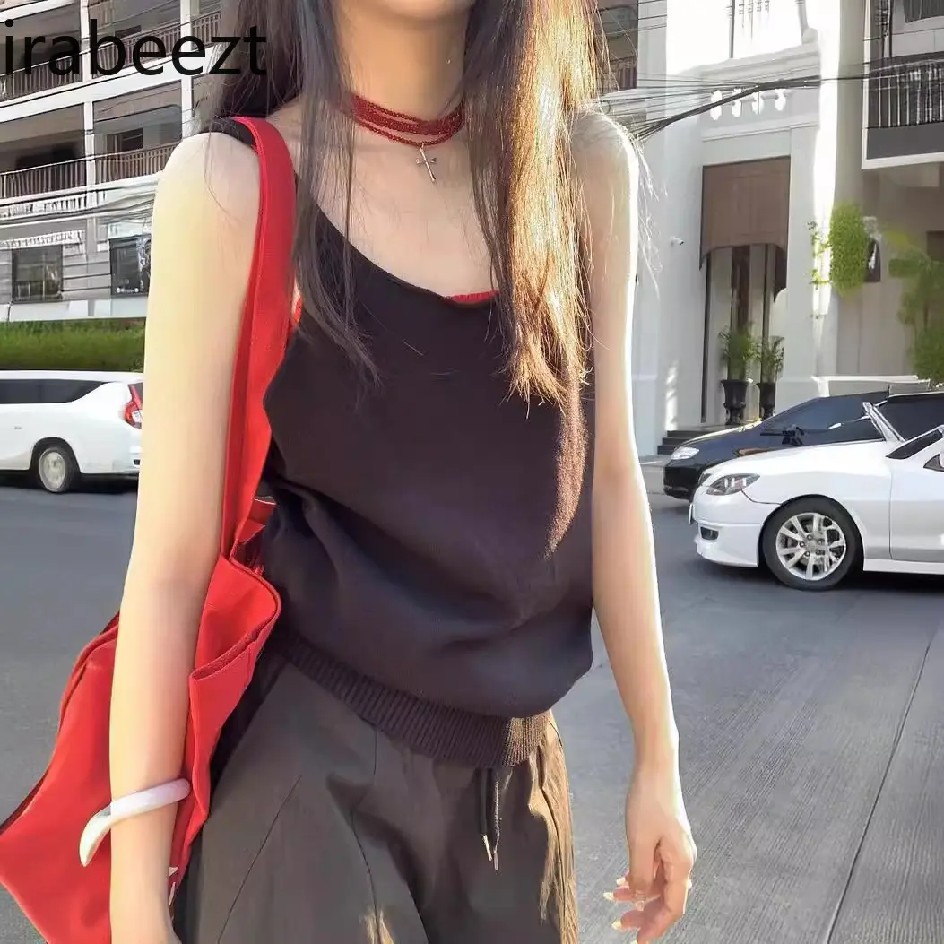 New Design American Hottie Backless Sleeveless Knitted Vest Thin Sweet Cool Loose Fit Sexy Suspender Summer Crop Top