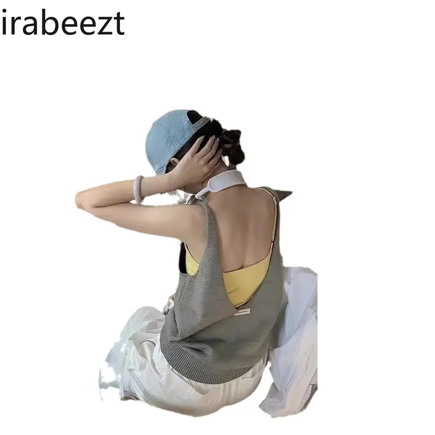 New Design American Hottie Backless Sleeveless Knitted Vest Thin Sweet Cool Loose Fit Sexy Suspender Summer Crop Top