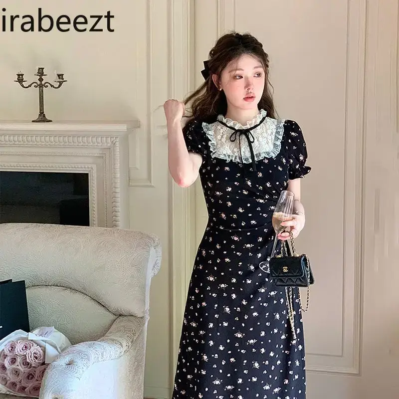 French Tea Break Lace Patchwork Black Floral Robe Sweet Waist A-line Little Black Dress Girly Regular Fit Vestidos De Mujer