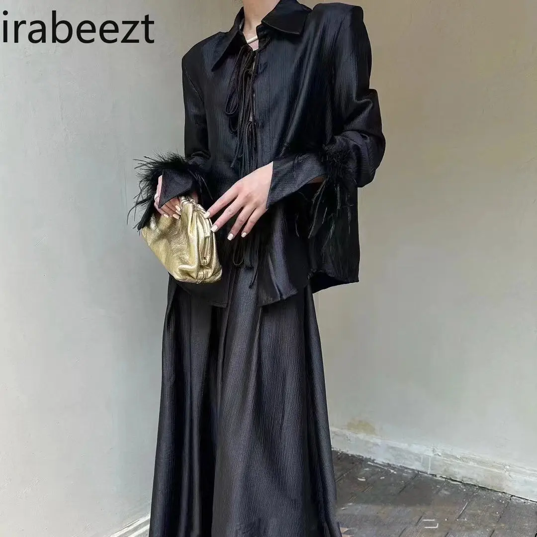 Senior Tie Up Patchwork Feather Shirt Skirt Set for Women 2024 Autumn New Loose Two-piece Set for Women Conjuntos De Falda