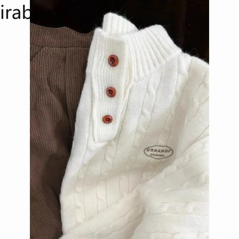 Regulai Fit White Pull Coreen Half Turtleneck Thick Sweater for Women Autumn Winter 2024 Embroidered Twist Knit Pullover Top