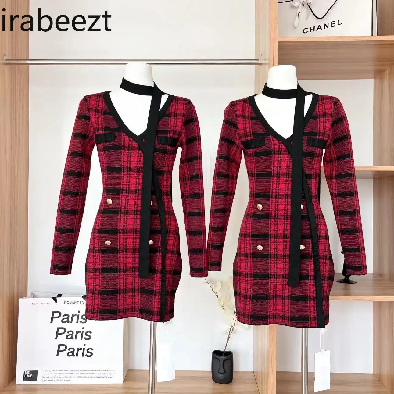 Red Plaid Knitted V-neck Wrap Hip New Year Dress Winter Regulai Fit Vestidos Elegantes Para Mujer Long Sleeve Dress