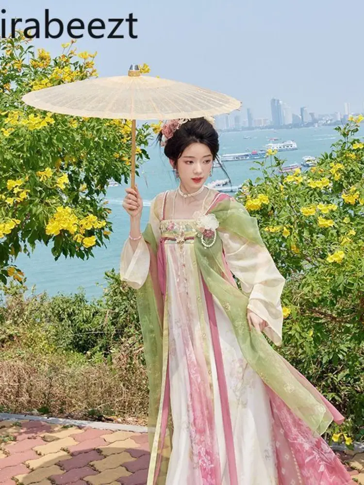 Chest-length Printed National Style Pleated Long Robe on Daily Tang-style Spring and Summer Hanfu Small Super Fairy Suit