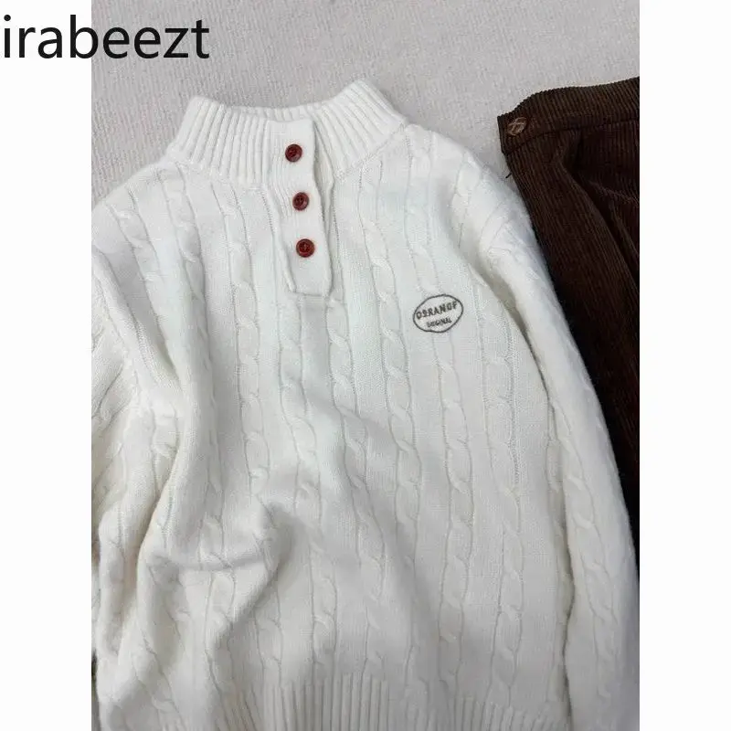 Regulai Fit White Pull Coreen Half Turtleneck Thick Sweater for Women Autumn Winter 2024 Embroidered Twist Knit Pullover Top