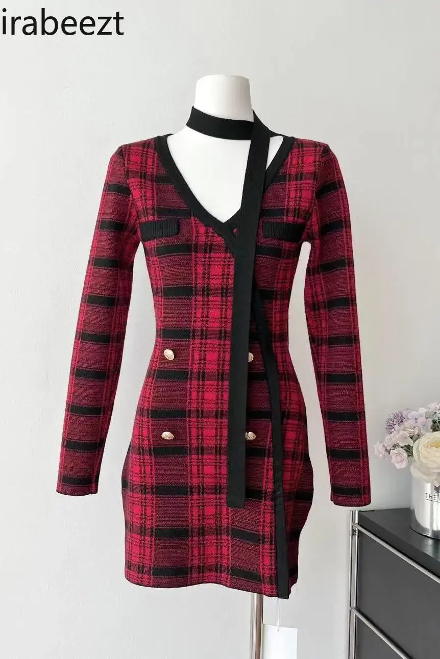 Red Plaid Knitted V-neck Wrap Hip New Year Dress Winter Regulai Fit Vestidos Elegantes Para Mujer Long Sleeve Dress